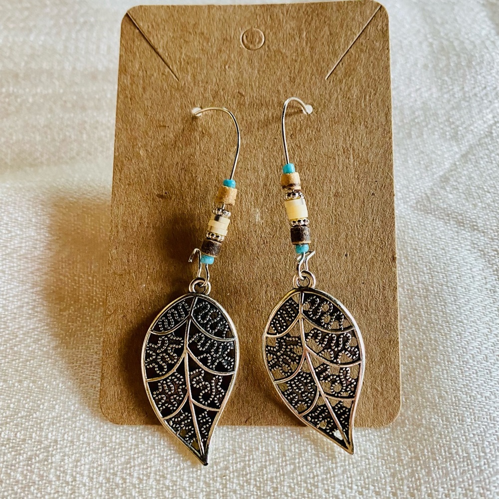 Fall Leaf Dangle Earrings Turquoise & Neutral Beads